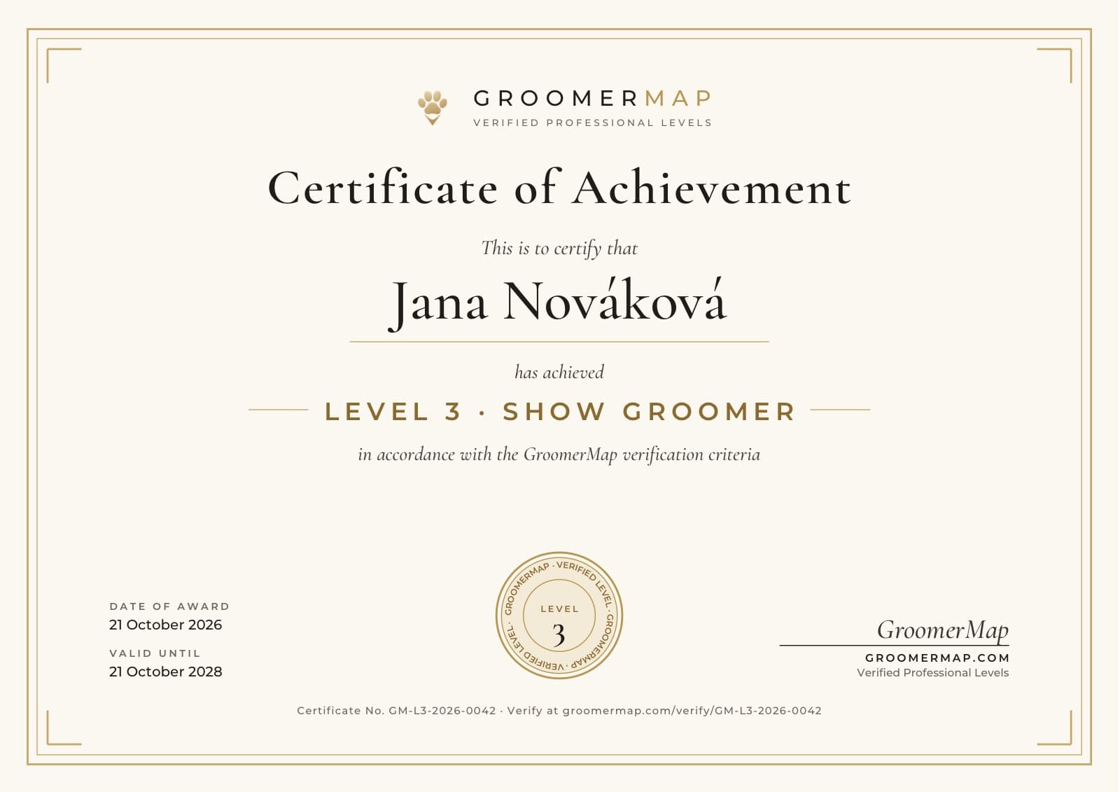 Sample GroomerMap certificate: Level 3 · Show Groomer